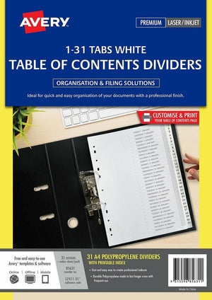 Avery Divider 85631 1-31 Index Tabs A4 White | For daily filing systems, tickler files and month-by-day binder organisation