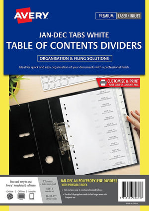 Avery Divider 85613 Jan-Dec Index Tabs A4 White | Organise documents by month in ring binders and lever arch files