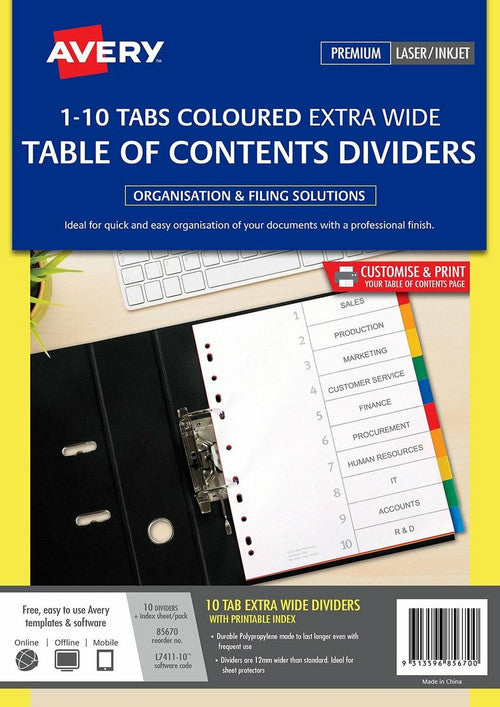 Avery Multi-Coloured Extra Wide Polypropylene Dividers 85670 10 Tabs | Durable high-visibility easy-to-label dividers for lever arch binders