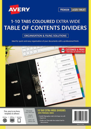 Avery Multi-Coloured Extra Wide Polypropylene Dividers 85670 10 Tabs | Durable high-visibility easy-to-label dividers for lever arch binders