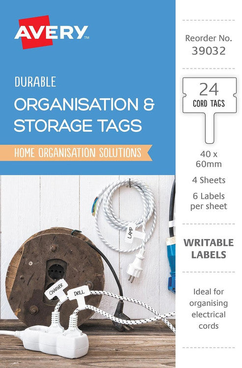 Avery Durable Cord Tags 39032 40x60mm White 24 Pack | Handwriteable polyester tags for cable and cord identification