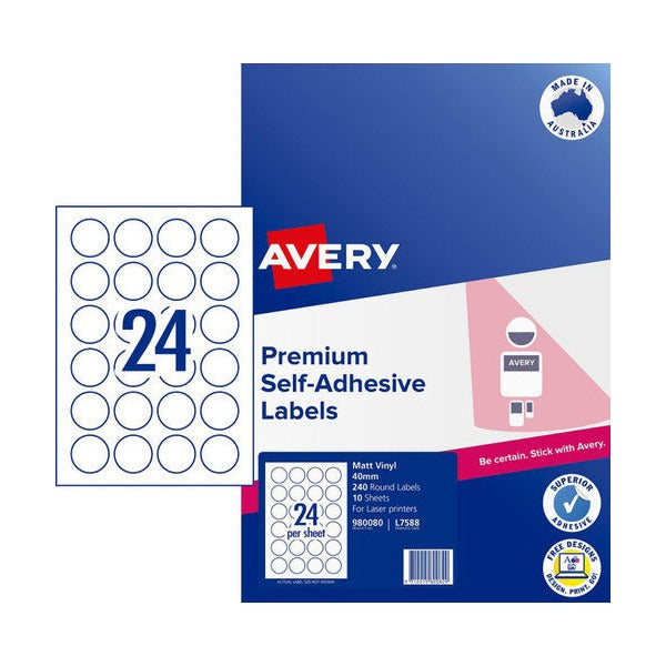 Avery Durable Round Labels 980080 L7588 40mm 10 Pack 24-Up | Water, oil and scuff-resistant circle label for artisan product branding on bottles and jars