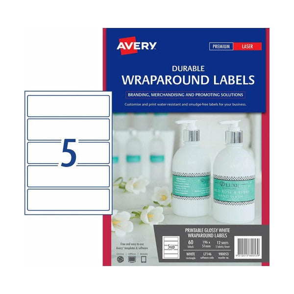 Avery Durable Wraparound Labels 980053 L7146 196x51mm 60 Pack 5-Up | Water and oil-resistant full-circumference label for artisan bottle and tube branding