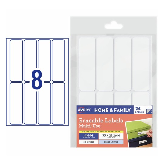 Avery 41444 white erasable multi-use removable labels, A6 sheet, 73 x 22.2mm, pack of 24