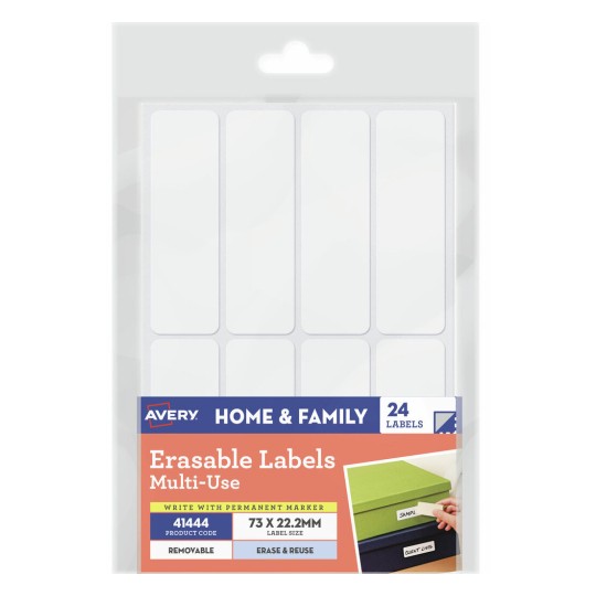 Avery 41444 white erasable multi-use removable labels, A6 sheet, 73 x 22.2mm, pack of 24