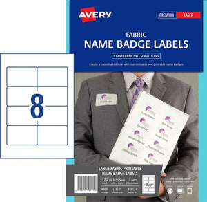 Avery Fabric Name Badge Labels 959171 L7418 120pk 86.5x55.5mm White 8-Up | Large white fabric-safe badge for events requiring title and organisation on badge