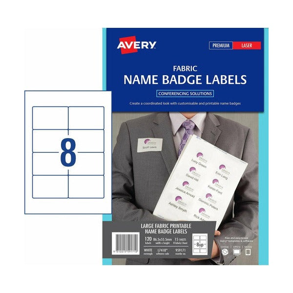 Avery Fabric Name Badge Labels 959171 L7418 120pk 86.5x55.5mm White 8-Up | Large white fabric-safe badge for events requiring title and organisation on badge