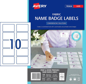 Avery Fabric Print and Divide Name Badge Labels 980040 L7424 88x52mm 10-Up | Fabric-safe adhesive large conference badge for garment wear