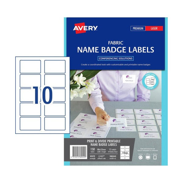 Avery Fabric Print and Divide Name Badge Labels 980040 L7424 88x52mm 10-Up | Fabric-safe adhesive large conference badge for garment wear