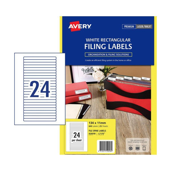 Avery White Filing Labels 959058 134x11mm 600 Labels 25 Sheets 24-Up | Standard suspension file tab label for permanent laser and inkjet filing