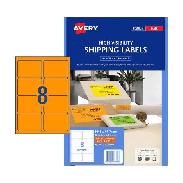Avery Fluoro Orange Labels 36103 L7165FO 99.1x67.7mm 8-Up | High-visibility orange compact parcel label for colour-coded dispatch identification