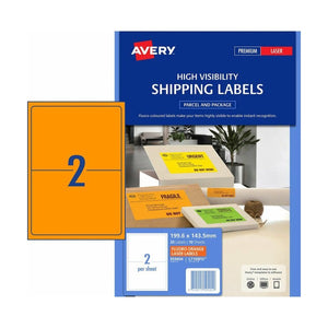 Avery Fluoro Orange Shipping Labels 959404 L7168FO 20 Labels 199.6x143.5mm 2-Up | High-visibility orange for priority parcel and warehouse status signalling