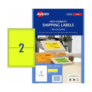 Avery Fluoro Yellow Shipping Labels 959405 L7168FY 20 Labels 199.6x143.5mm 2-Up | High-visibility yellow for urgent shipments and priority differentiation