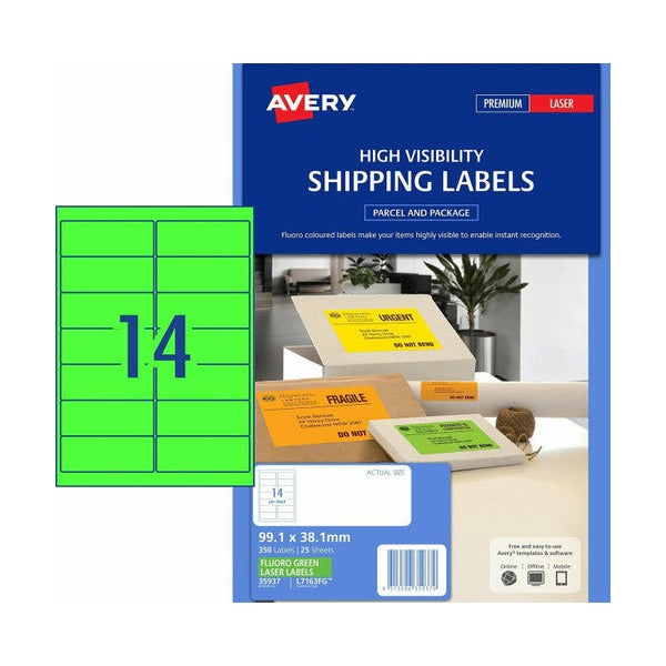 Avery L7163FG fluoro green signalling laser labels 99.1 x 38.1mm 14UP shown in retail pack of 350 labels on 25 sheets, taller fluoro green format for two-line content and prominent text