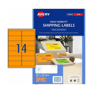 Avery L7163FO fluoro orange signalling laser labels 99.1 x 38.1mm 14UP shown in retail pack of 350 labels, taller fluoro orange format for content-rich safety and caution labelling