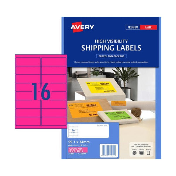 Avery Fluoro Pink Signalling Labels L7162FP 400 Pack 99.1x34mm 16UP - image 1