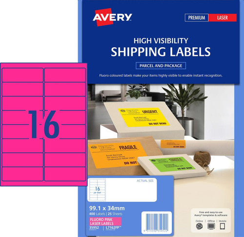 Avery Fluoro Pink Signalling Labels L7162FP 400 Pack 99.1x34mm 16UP - image 1