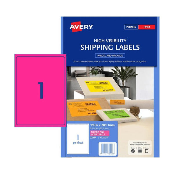 Avery L7167FP fluoro pink signalling laser labels 199.6 x 289.1mm 1UP full sheet shown in retail pack of 25 sheets, maximum-scale fluoro pink for large promotional signage and event stickers