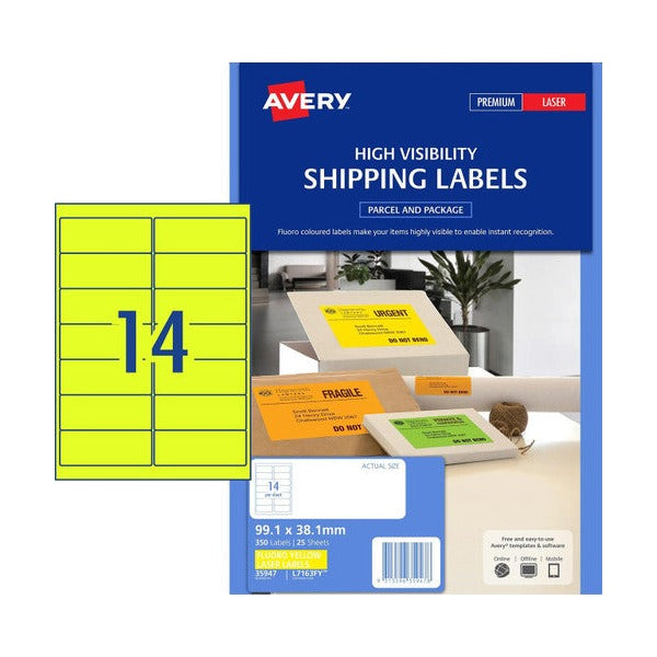 Avery L7163FY fluoro yellow signalling laser labels 99.1 x 38.1mm 14UP shown in retail pack of 350 labels, maximum daytime visibility yellow for priority flagging and safety marking