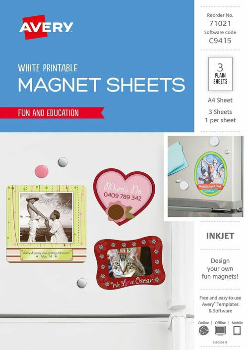 Avery Inspired Fridge Magnet 71021 A4 3 Sheets | Print and cut custom magnets for fridges and whiteboards at home or in the office