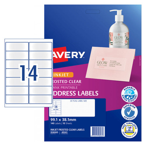 Avery Frosted Clear Address Labels 958065 J8563 99.1x38.1mm 10 Pack 14-Up | Wide semi-transparent address label for premium envelope and parcel presentation