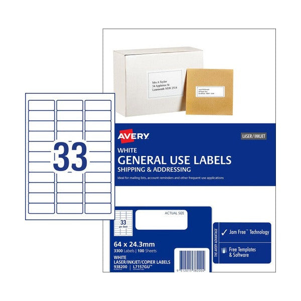 Avery White General Use Labels 938200 L7157GU 3300pk 33-Up | Maximum yield for very high-volume mail houses and fulfilment centres