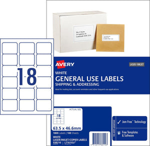 Avery White General Use Labels 938210 L7161GU 2400pk 18-Up | High-yield mid-size GU label for inkjet and laser printing