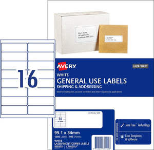 Avery White General Use Labels 938202 L7162GU 1600pk 16-Up | High-yield wide shallow format for inkjet and laser printing at the 99.1x34mm size
