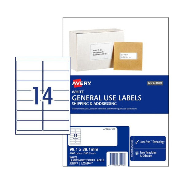 Avery White General Use Labels 938209 L7163GU 1400 Pack 14-Up | Highest-yield standard address label for inkjet and laser at very high volume