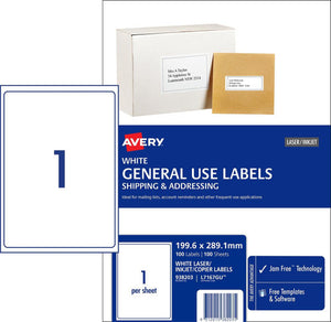 Avery White General Use Labels 938203 L7167GU 100pk 1-Up | Full A4-page maximum surface area GU label for inkjet and laser printing
