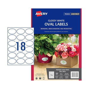 Avery Glossy White Oval Labels 980000 L7102 180pk 63.5x42.3mm 18-Up | Vibrant inkjet product branding on jars and bottles