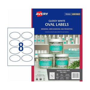 Avery Glossy White Oval Product Labels 980012 L7127 80pk 84.7x50.8mm 8-Up | Larger glossy oval for premium branding on bigger jars and bottles