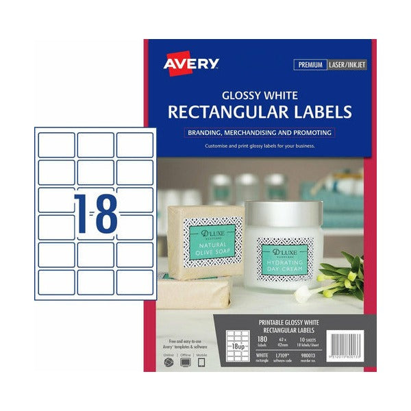 Avery Glossy White Rectangular Product Labels 980013 L7109 180pk 62x42mm 18-Up | Square-proportion glossy white label for premium product branding