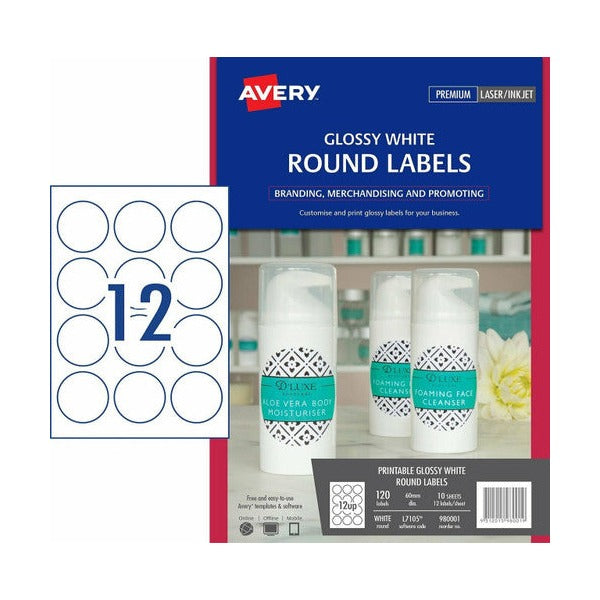 Avery Glossy White Round Labels 980001 L7105 120pk 60mm 12-Up | Largest glossy white circle for maximum-size premium inkjet branding on jars and bottles