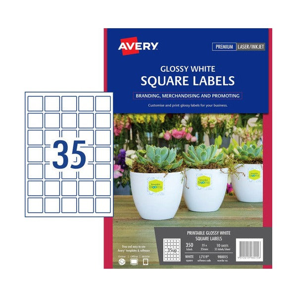 Avery Glossy White Square Product Labels 980015 L7119 350pk 35x35mm 35-Up | Compact glossy white square for small product seals and compact packaging