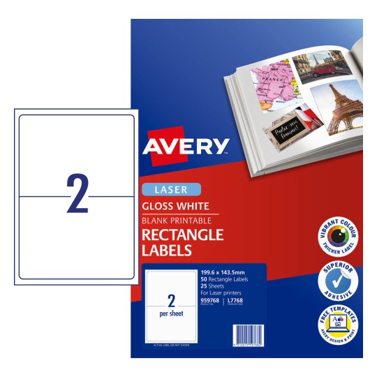 Avery 959768 glossy photo quality labels, L7768, 199.6 x 143.5mm, 2 up, 25 sheets
