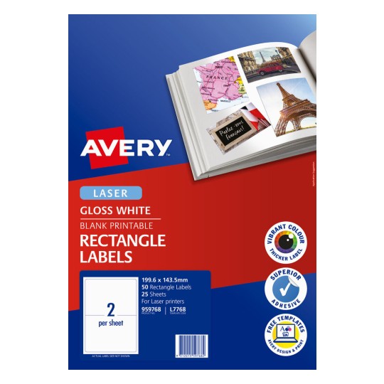 Avery 959768 glossy photo quality labels, L7768, 199.6 x 143.5mm, 2 up, 25 sheets