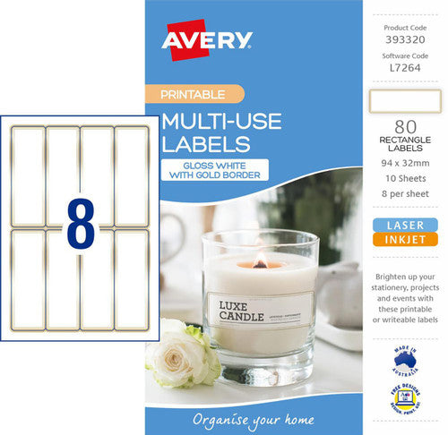Avery Multi Use Labels Gold Border 393320 94x32mm 10 Pack 8-Up | White label with decorative gold border for premium product branding and award labelling