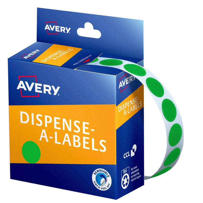 Avery Dispense-A-Labels box dispensing a strip of small 14mm bright green round labels, with a green dot swatch on the orange panel and Australasian recycling advice printed on the side of the carton.