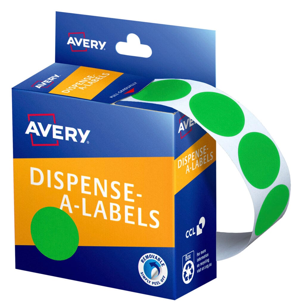 Avery Dispense-A-Labels carton with a strip of large 24mm bright green circular labels curving out of the top slot and a matching oversized green dot swatch printed on the orange front panel.