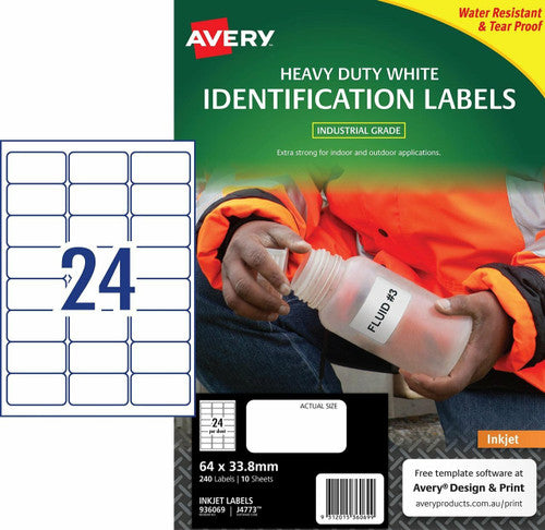 Avery Durable Heavy Duty Labels 936069 J4773 240 Pack 63.5x33.9mm 24-Up | High-yield compact weatherproof labels for tools, bins and warehouse items