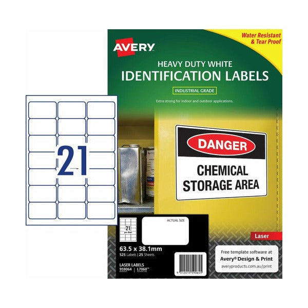 Avery Durable Heavy Duty Labels 959064 L7060 525pk 63.5x38.1mm 21-Up | Standard address size heavy duty for permanent outdoor asset labelling