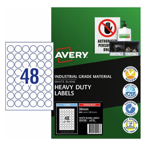 Avery Heavy Duty Permanent Round Laser Labels 959198 L4716 30mm 48-Up | Compact weatherproof round label for small parts sealing and compact asset marking