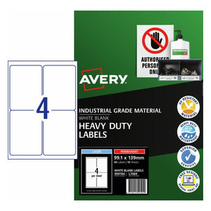 Avery Heavy Duty Permanent Laser Labels 959194 L7069 99.1x139mm 4-Up | Tall weatherproof label for carton, equipment and container marking in demanding environments