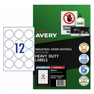 Avery Heavy Duty Permanent Round Laser Labels 959196 L7589 60mm 12-Up | Large-format weatherproof round label for sealing, certification and asset identification