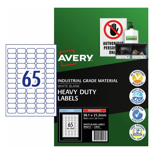 Avery Heavy Duty Permanent Laser Labels 959217 L7651 38.1x21.2mm 65-Up 25 Sheets | High-volume compact weatherproof label for cable, tool and small asset marking