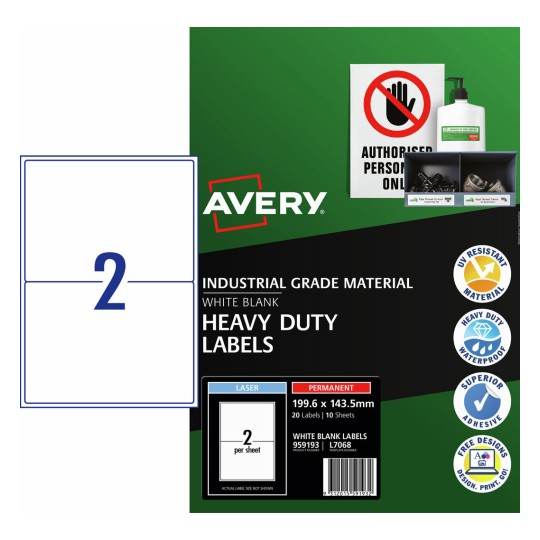 Avery L7068 white heavy duty label pack, 199.6 x 143.5mm, 20 labels across 10 A4 laser sheets in Avery retail packaging