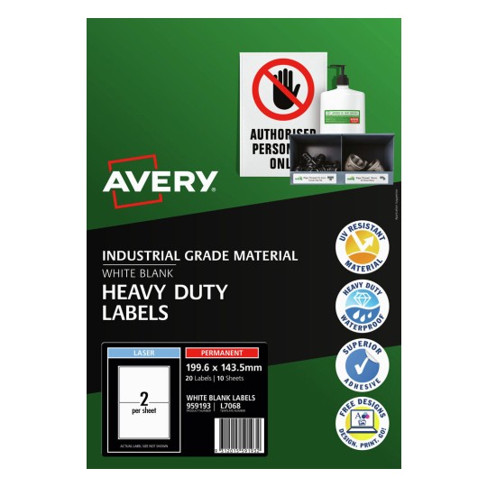 Single Avery white heavy duty rectangular label 199.6 x 143.5mm on its backing sheet, waterproof and permanent for drum, crate and large asset identification
