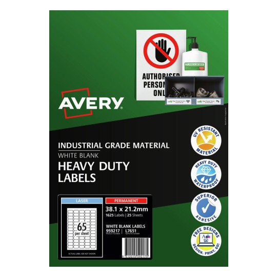 Single Avery white heavy duty rectangular label 38.1 x 21.2mm on its backing sheet, waterproof and permanent for cable and small-part marking