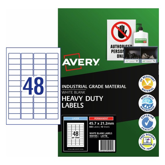 Avery L4778 white heavy duty label pack, 45.7 x 21.2mm, 480 labels across 10 A4 laser sheets in Avery retail packaging